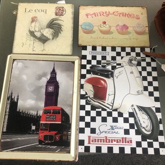 4 TIN SIGNS; FAIRY CAKES, LE COQ, UK, LAMBRETTA