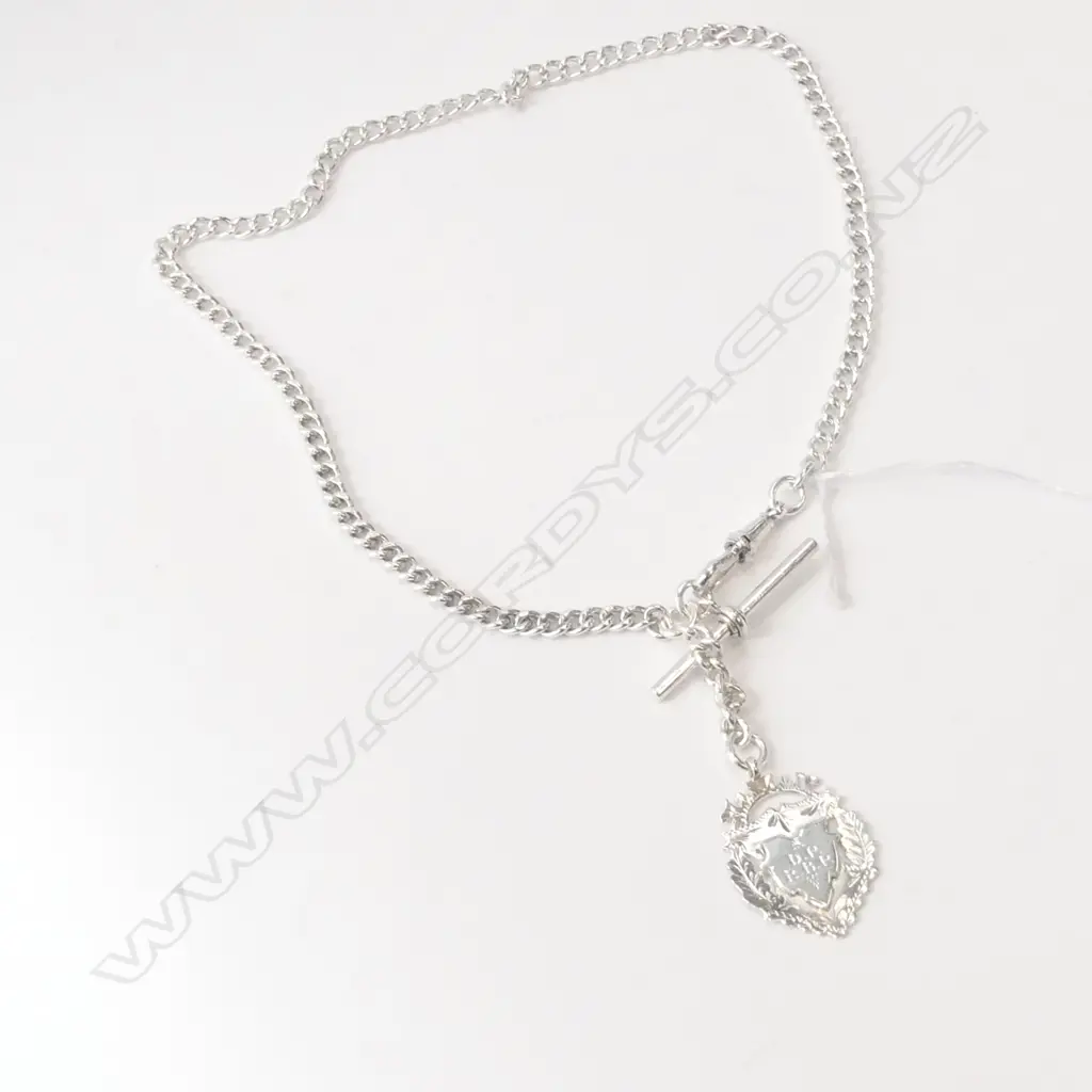 C1900 SILVER CURB LINK ALBERT CHAIN T-BAR + MEDALLION 31.8gms Image 1++