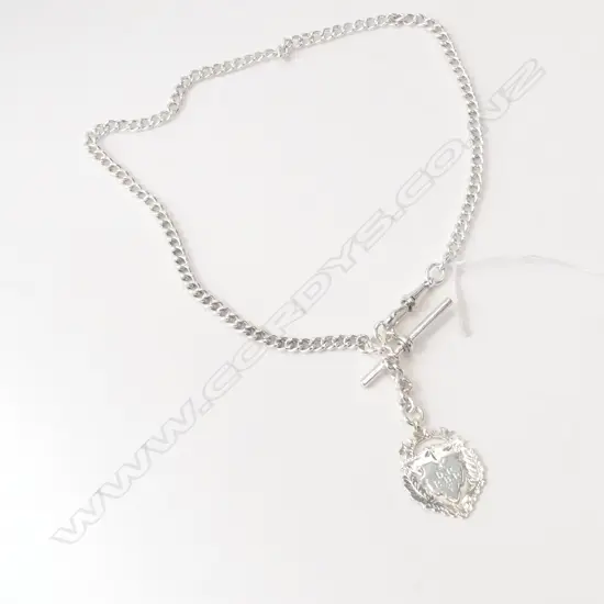 C1900 SILVER CURB LINK ALBERT CHAIN T-BAR + MEDALLION 31.8gms
