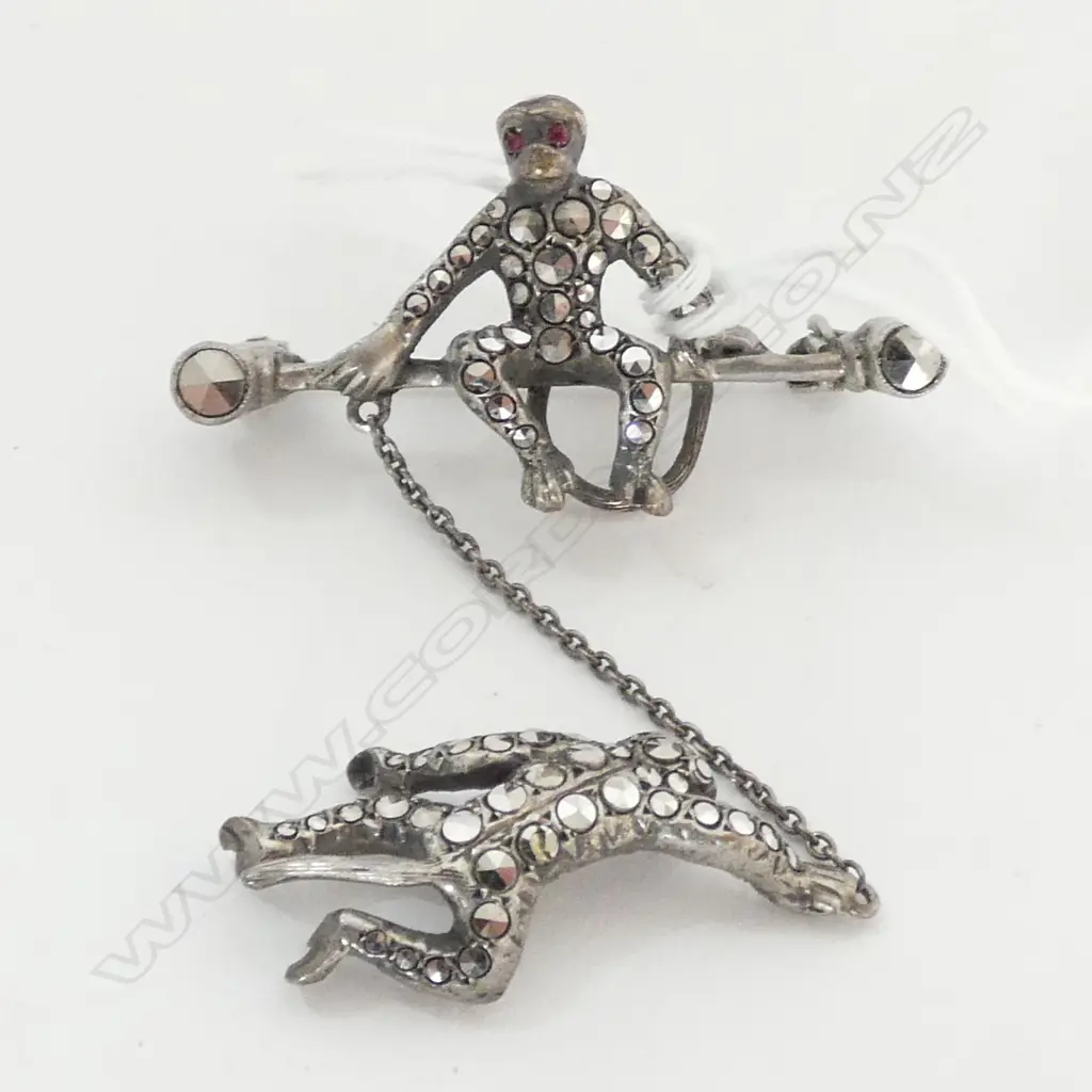 BROOCH, MONKEY SITTING ON BROOCH AND ANOTHER ONE HANGING OFF, SILVER AND MARCASITE Image 1++