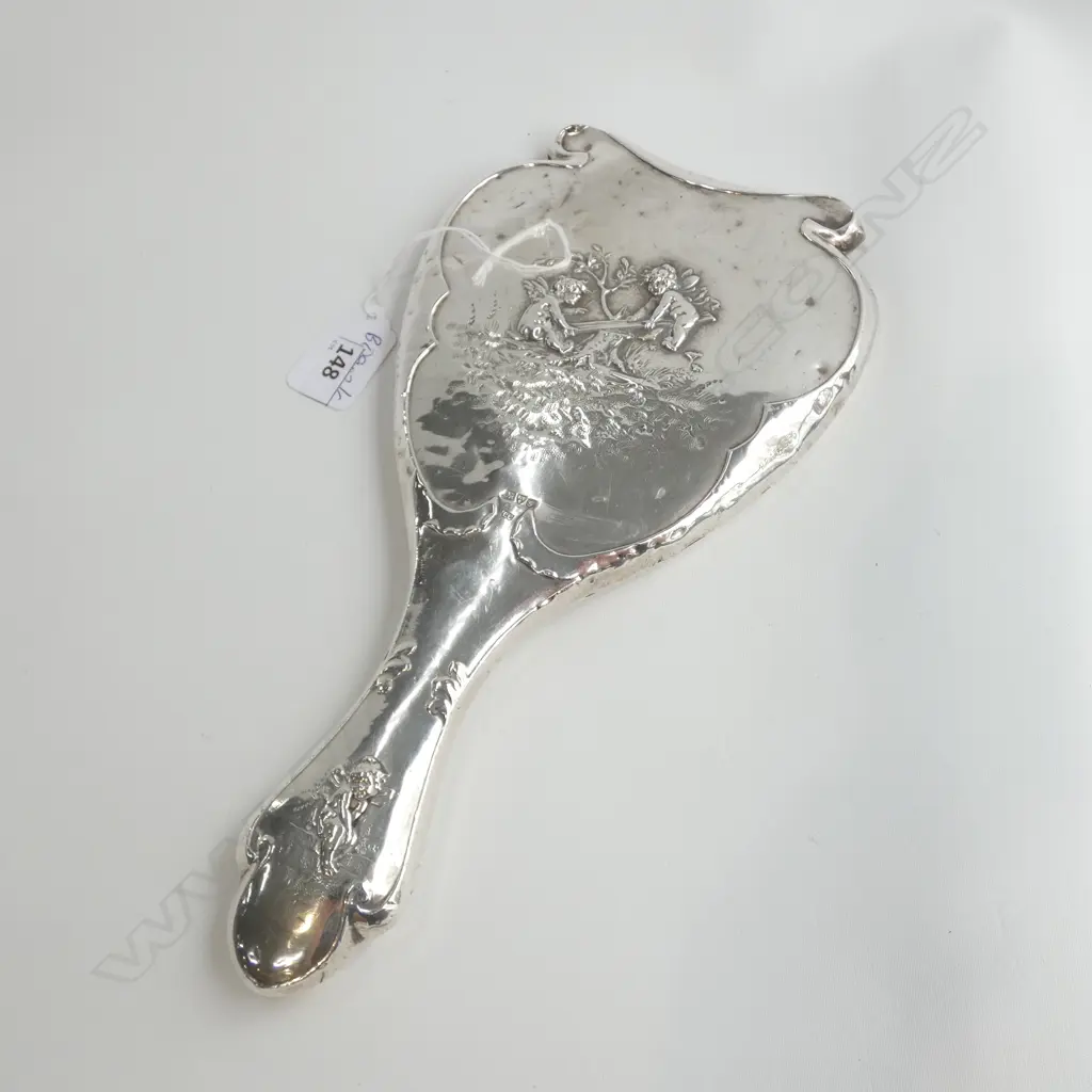 STG SILVER HAND MIRROR EMBVOSSED WITH CHERUBS CHESTER 1907 L 270 MM MINOR DENTS Image 1++