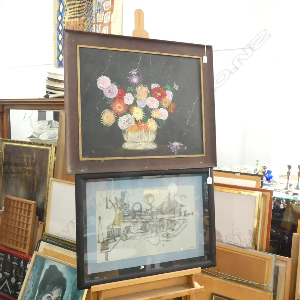 2 ARTWORKS; STILL LIFE FLOWERS 520 X 635MM + ABSTRACT PRINT GLASS AF Image 1++