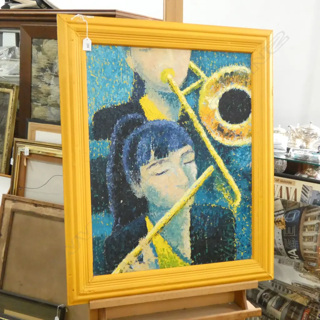 SIGNED 'VERKERK?' OIL  YELLOW MUSICIANS 690 X 540MM Image 1++