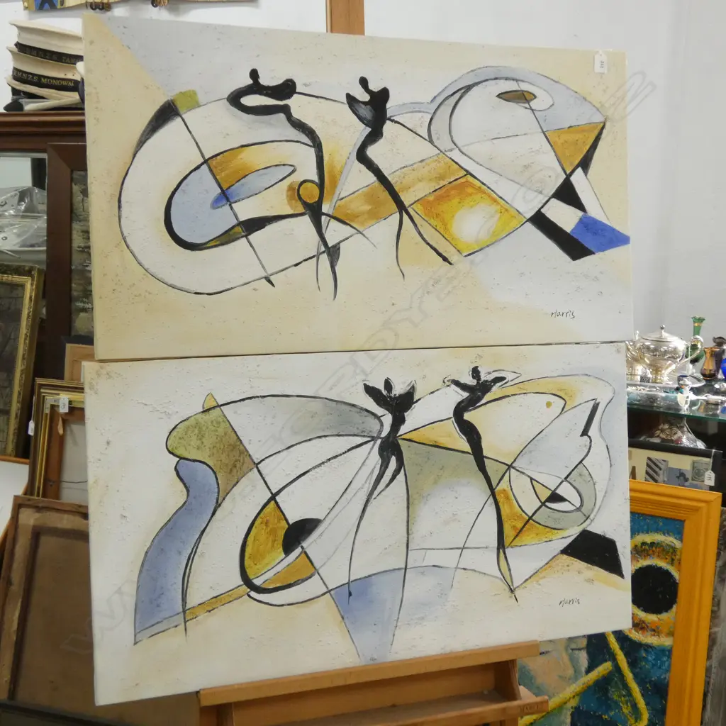 2 ABSTRACT MIXED MEDIA ARTWORKS SIGNED HARRIS 500 X 900MM Image 1++