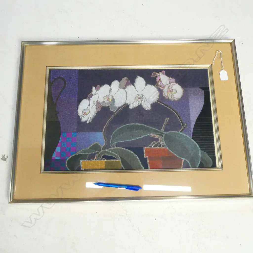 SURREALIST FRAMED ORCHID W/C GOUACHE/WOODBLOCK? JAPANESE ARTIST? Image 1++