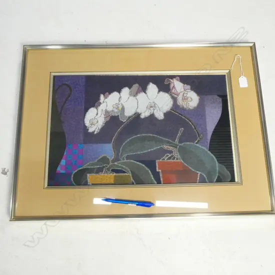 SURREALIST FRAMED ORCHID W/C GOUACHE/WOODBLOCK? JAPANESE ARTIST?