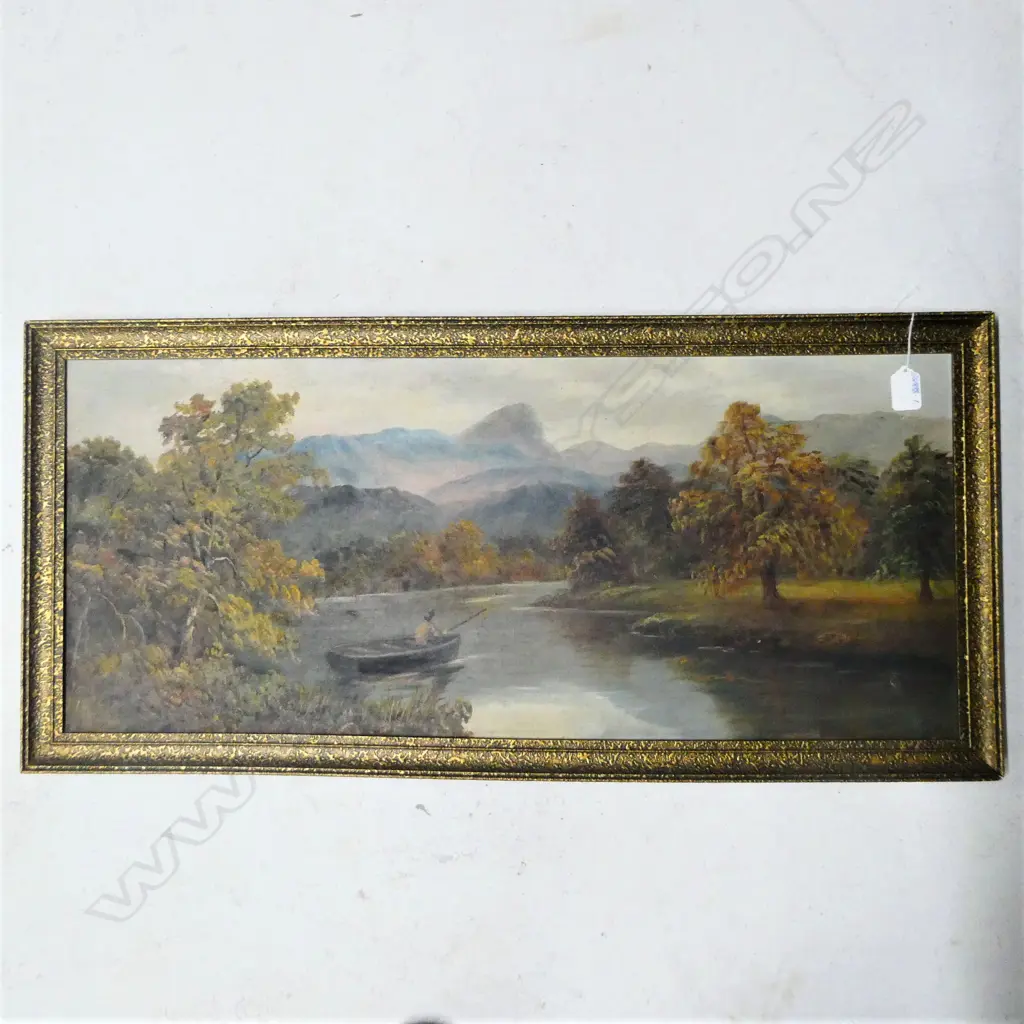 c1900 OIL PAINTING RIVER FISHING SCENE 320 X 750mm Image 1++