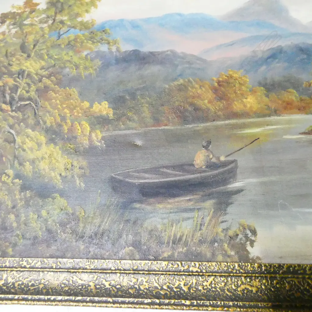 c1900 OIL PAINTING RIVER FISHING SCENE 320 X 750mm Image 1++