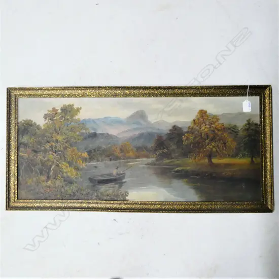 c1900 OIL PAINTING RIVER FISHING SCENE 320 X 750mm