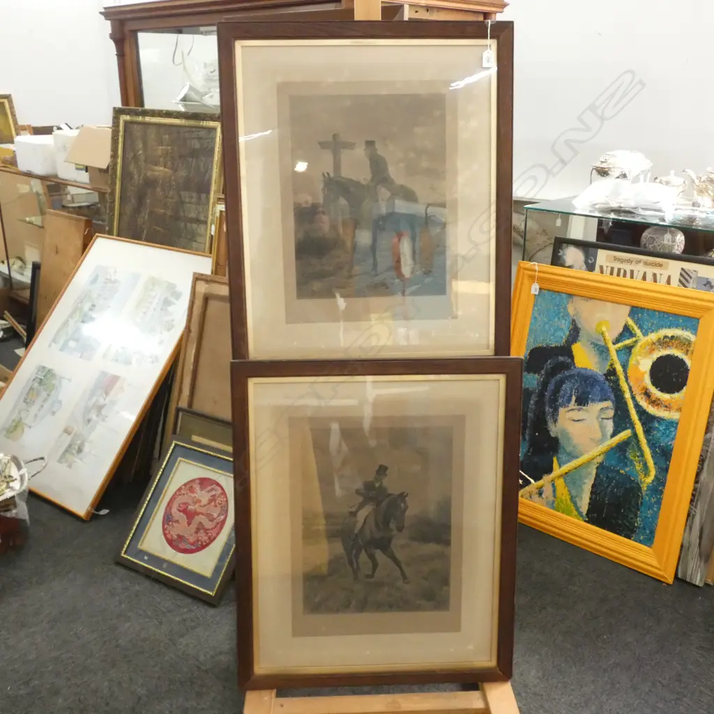 2 OAK FRAMED 19thC EQUESTRIAN ENGRAVINGS AFTER GILEES - 'MORNING'  & 'NIGHT' 780 x 640mm OVERALL Image 1++