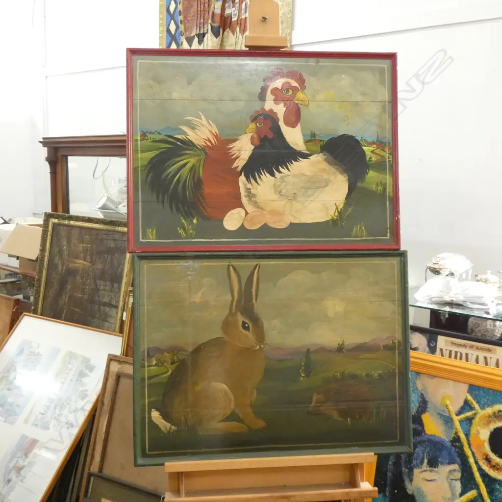 2 NAIVE PAINTINGS ON PANELS, RABITS & CHICKENS 560 x 750mm Image 1++