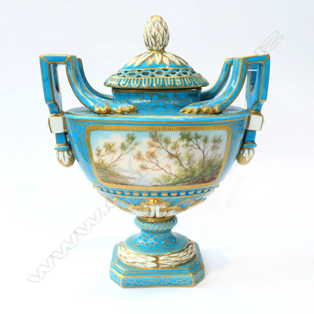 SEVRES PORCELAIN 2-HANDLED TURQUOISE & GOLD URN - TRANSFER SCENES ON SIDES. H. 200MM Image 1++