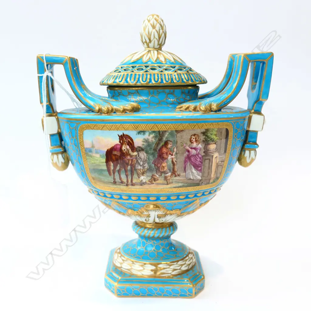 SEVRES PORCELAIN 2-HANDLED TURQUOISE & GOLD URN - TRANSFER SCENES ON SIDES. H. 200MM Image 1++