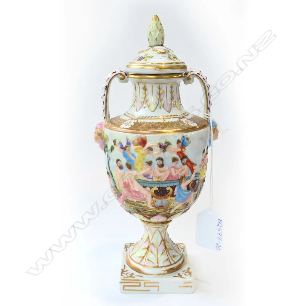 OLD CAPODIMONTE LIDDED URN - EMBOSSED COLOURFUL BATHING SCENE, WITH FEMALES ON THE HANDLES - H. 220MM Image 1++