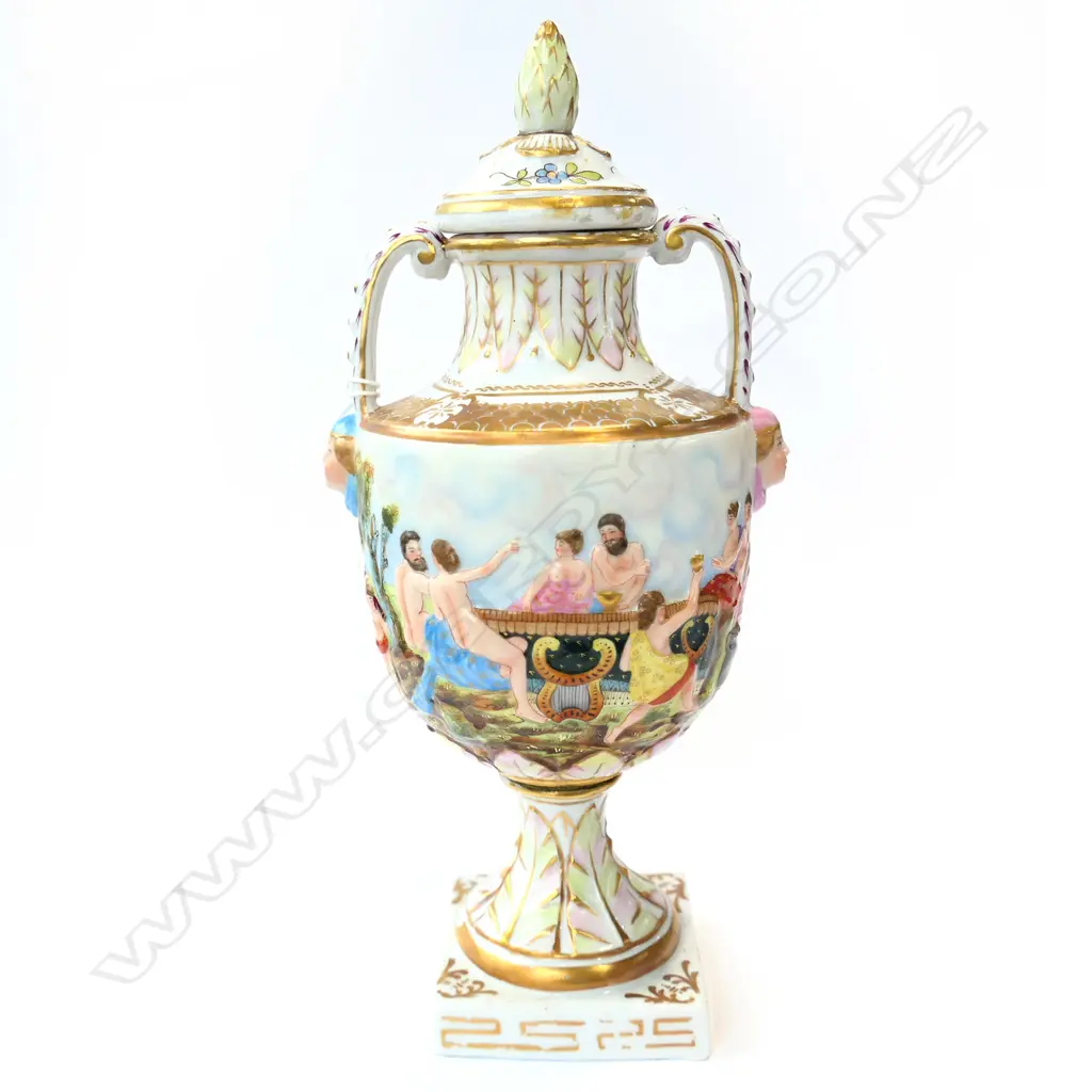 OLD CAPODIMONTE LIDDED URN - EMBOSSED COLOURFUL BATHING SCENE, WITH FEMALES ON THE HANDLES - H. 220MM Image 1++