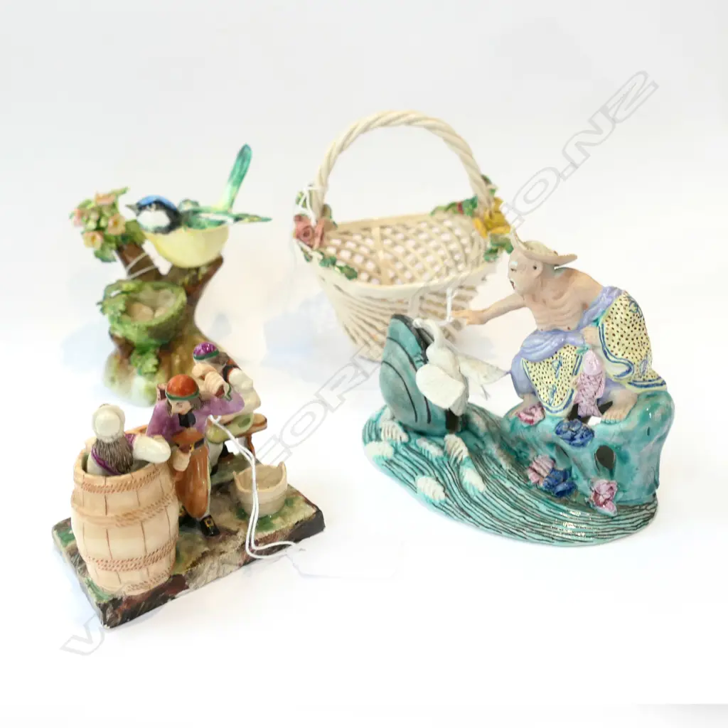 3 SM PORCELAIN FIGURES; ROYAL STAFFORD BIRD, WOODWORKERS, & ASIAN FIGURE + PORCELAIN LATTICE BASKET Image 1++
