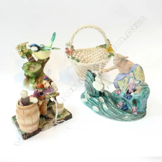 3 SM PORCELAIN FIGURES; ROYAL STAFFORD BIRD, WOODWORKERS, & ASIAN FIGURE + PORCELAIN LATTICE BASKET
