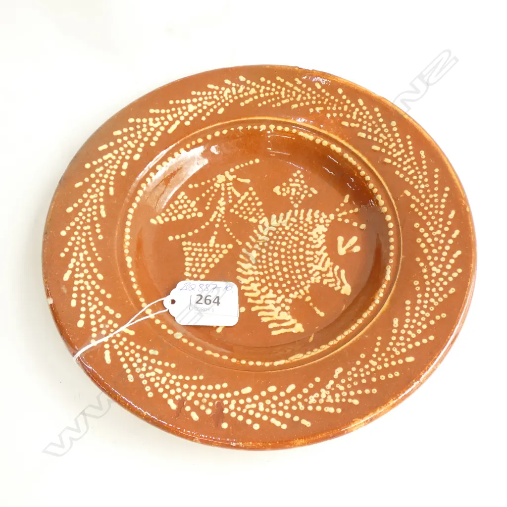 OLD POTTERY REDWARE DISH TAN DOT DECORATION Dia.210mm Image 1++