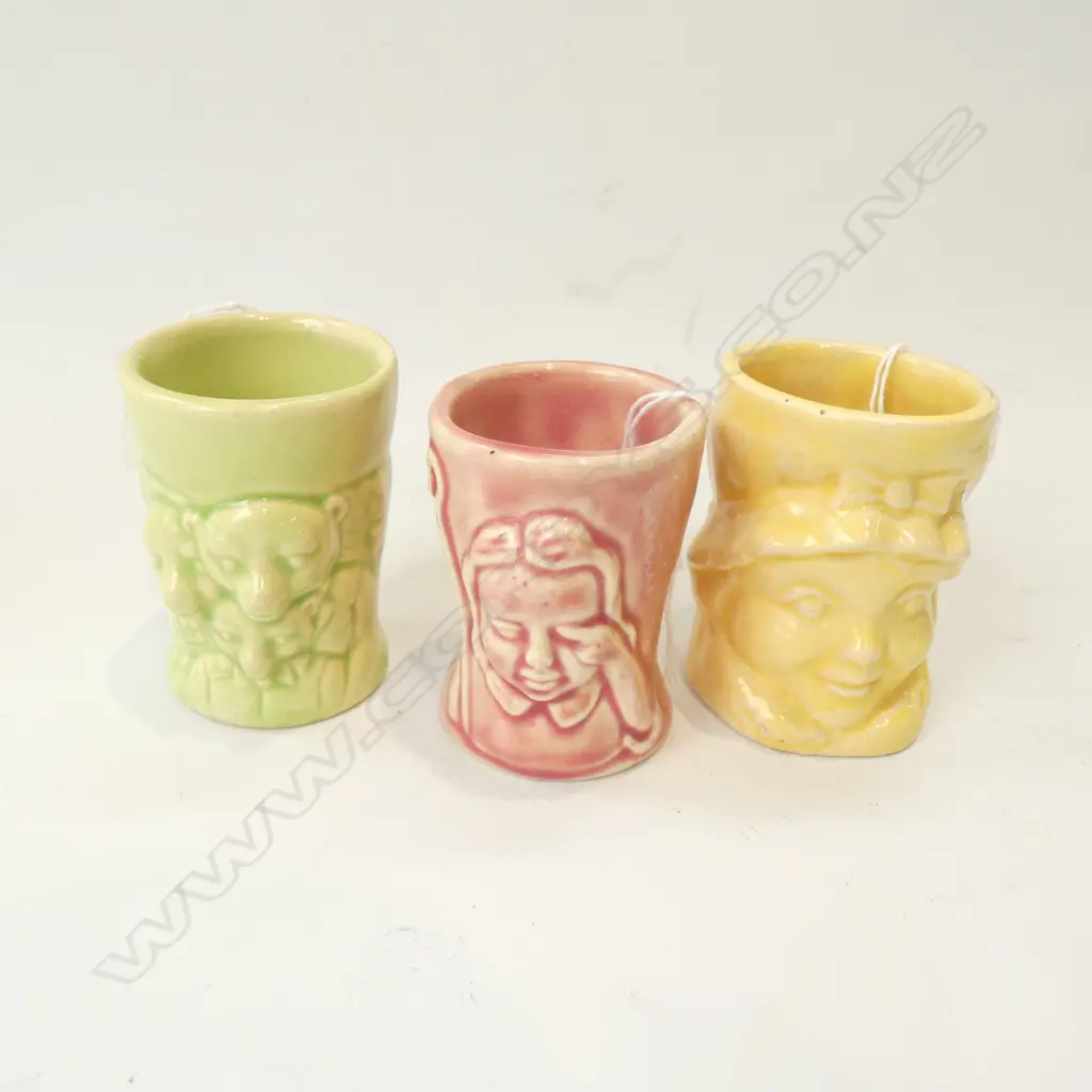 3 CROWN LYNN EGG CUPS; LADY, BEARS (MINOR CHIP), SHEPHERD Image 1++