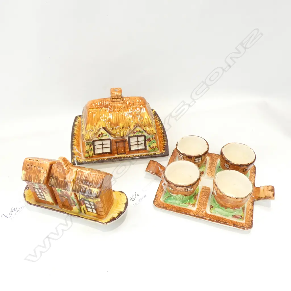 PRICE BROS COTTAGE WARE SET; 4 EGG CUPS & TRAY / BUTTER DISH & 3PC CONDIMENT SET WITH TRAY Image 1++