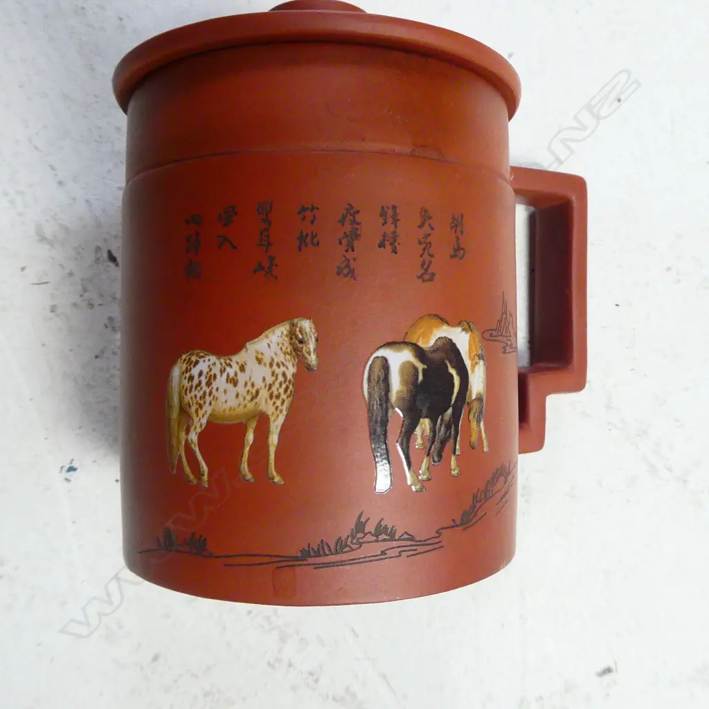 YIXING POTTERY LIDDED TEA CUP WITH HORSES & CALLIGRAPHY DECORATION Image 1++