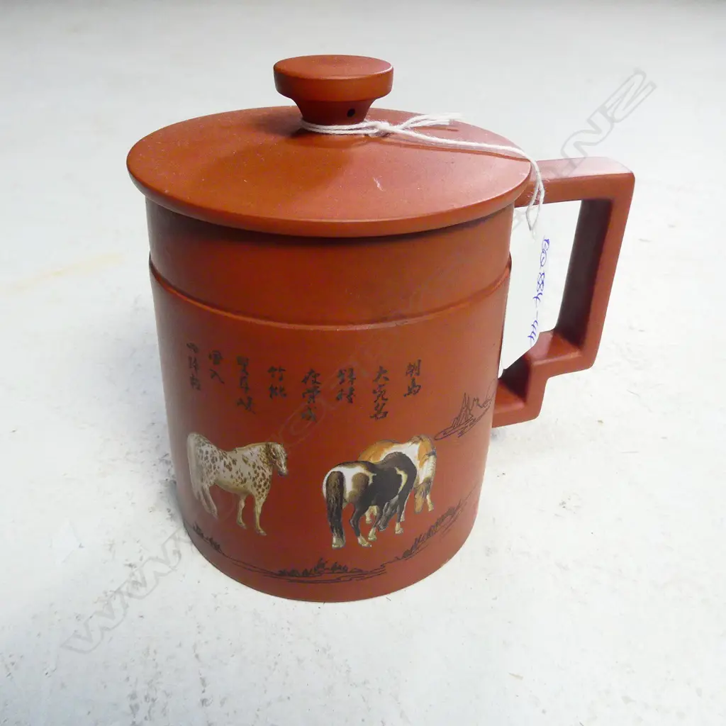 YIXING POTTERY LIDDED TEA CUP WITH HORSES & CALLIGRAPHY DECORATION Image 1++