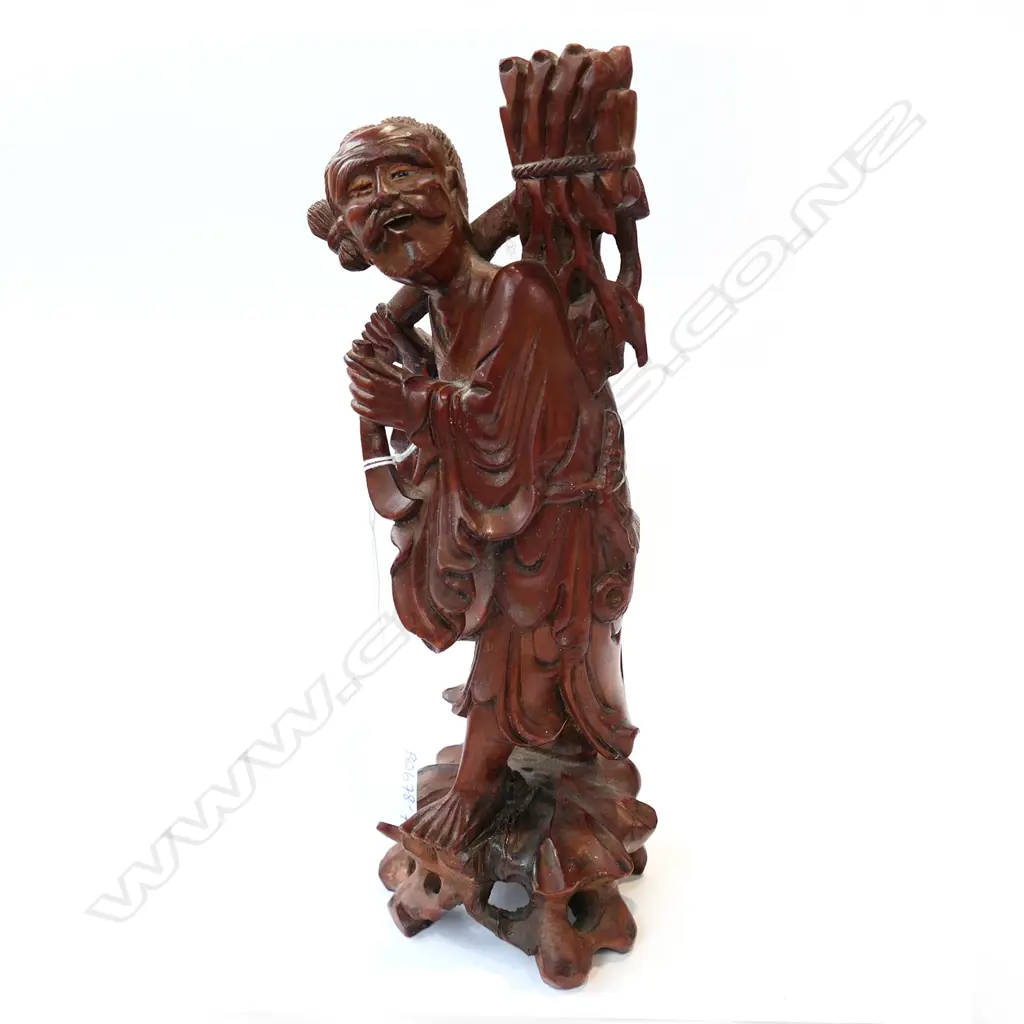 CARVED WOODEN ORIENTAL FIGURE CARRYING WOOD - H. 255MM Image 1++