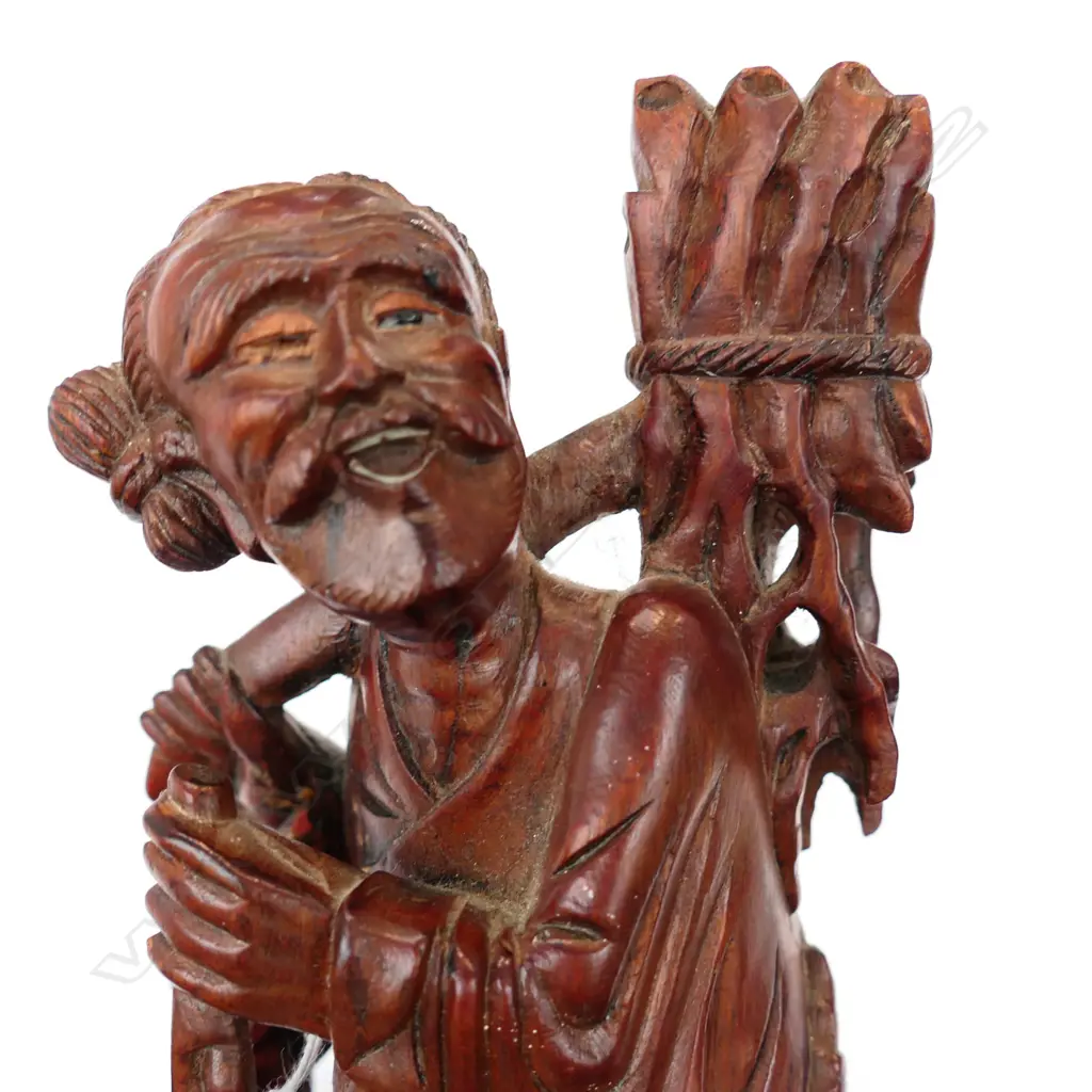 CARVED WOODEN ORIENTAL FIGURE CARRYING WOOD - H. 255MM Image 1++