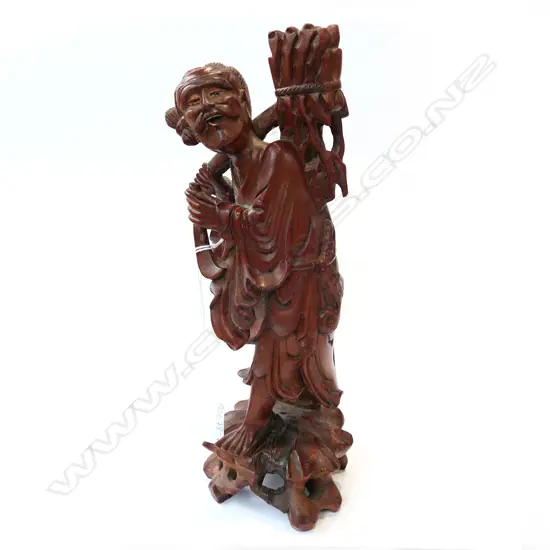 CARVED WOODEN ORIENTAL FIGURE CARRYING WOOD - H. 255MM