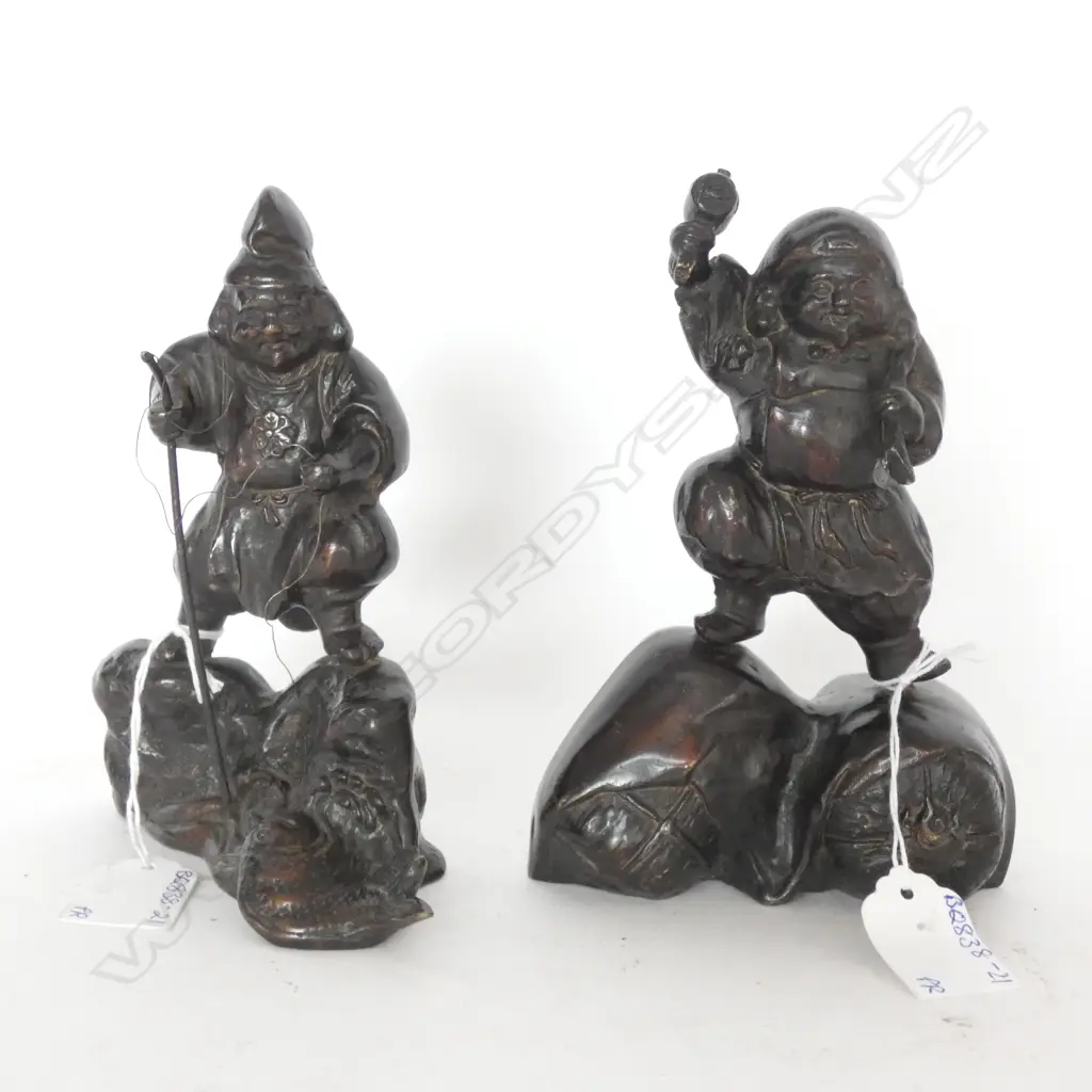 PAIR BRONZE ORIENTAL GNOME FISHERMEN; ONE WITH ROD. H. 150MM Image 1++