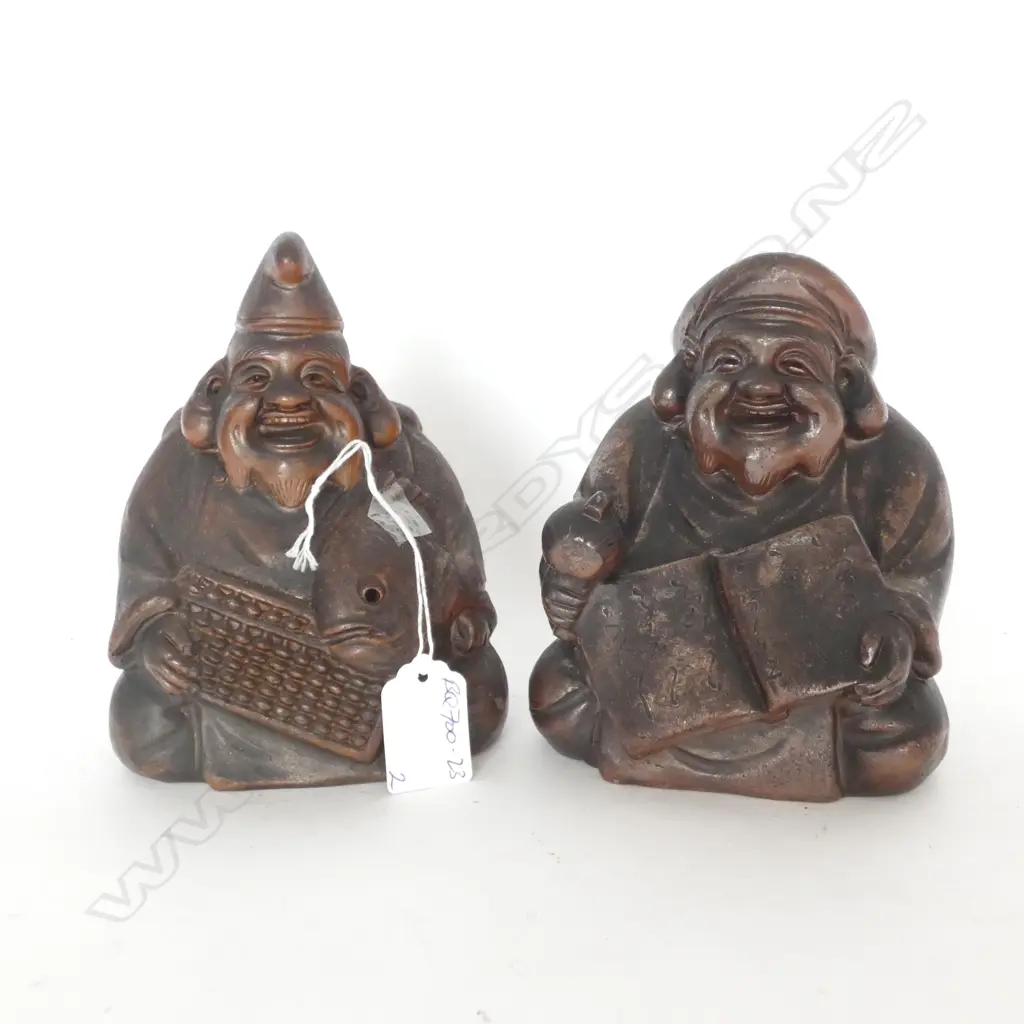 2 OLD JAPANESE DARK SALT GLAZED POTTERY FIGURES H.140mm Image 1++