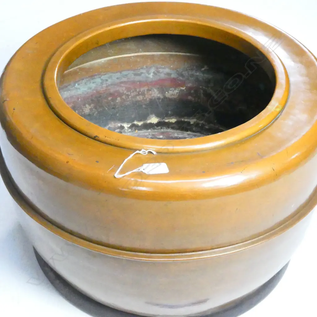 JAPANESE LGE COPPER HIBACHI EARLY 1900S WOODEN BASE Image 1++