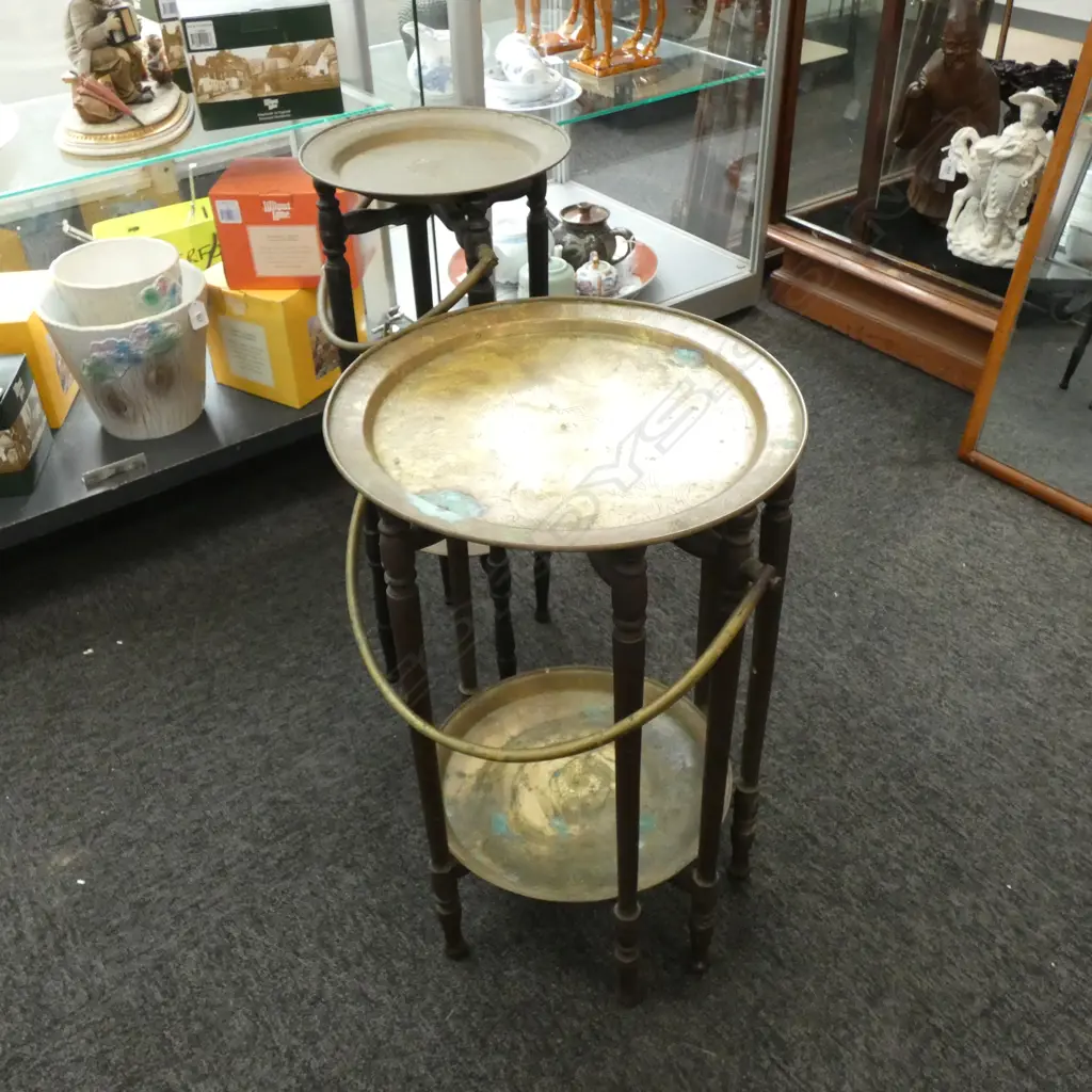 TWO BRASS TOP FOLDING TRAY TABLES (ONE REQUIRES MINOR REPAIR) Image 1++