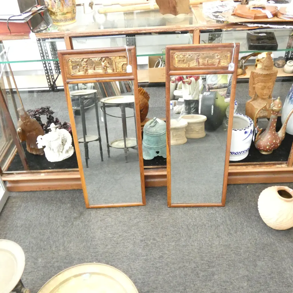PR WOODEN FRAMED MIRRORS -  GILT ORIENTAL SCENE TO TOPS, 370 X 950MM Image 1++