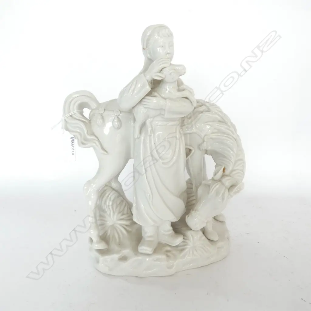 CHINESE BLANC DE CHINE FIGURE OF A GIRL WITH HORSE & LAMB, H. 260MM Image 1++