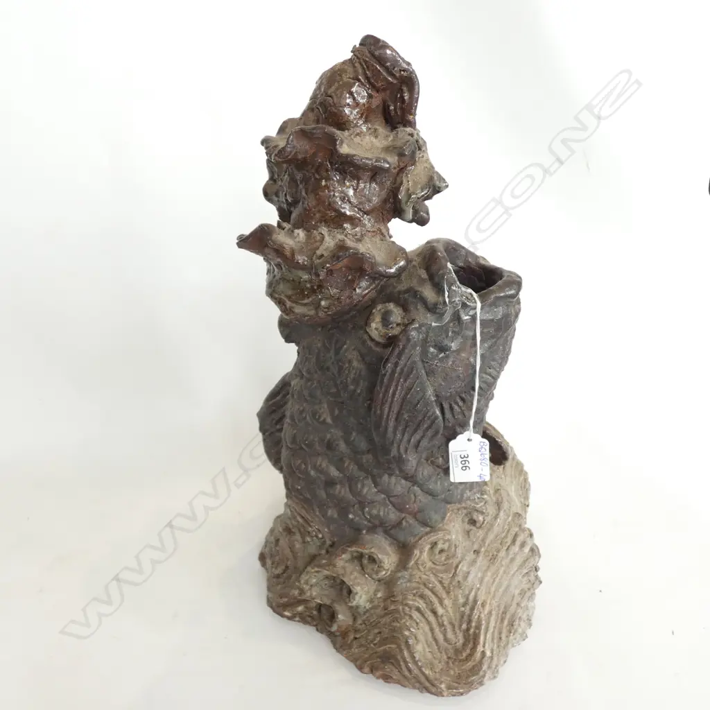 LG ORNATE JAPANESE POTTERY CARP INCENSE BURNER (?) H. 400MM - SOME DAMAGE Image 1++