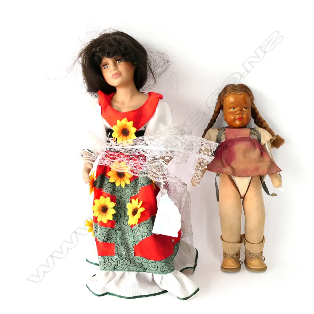DANEA 'MARGARITA' PORCELAIN 15" DOLL & 1940-50S WOODEN HEAD SCHOOL GIRL DOLL Image 1++