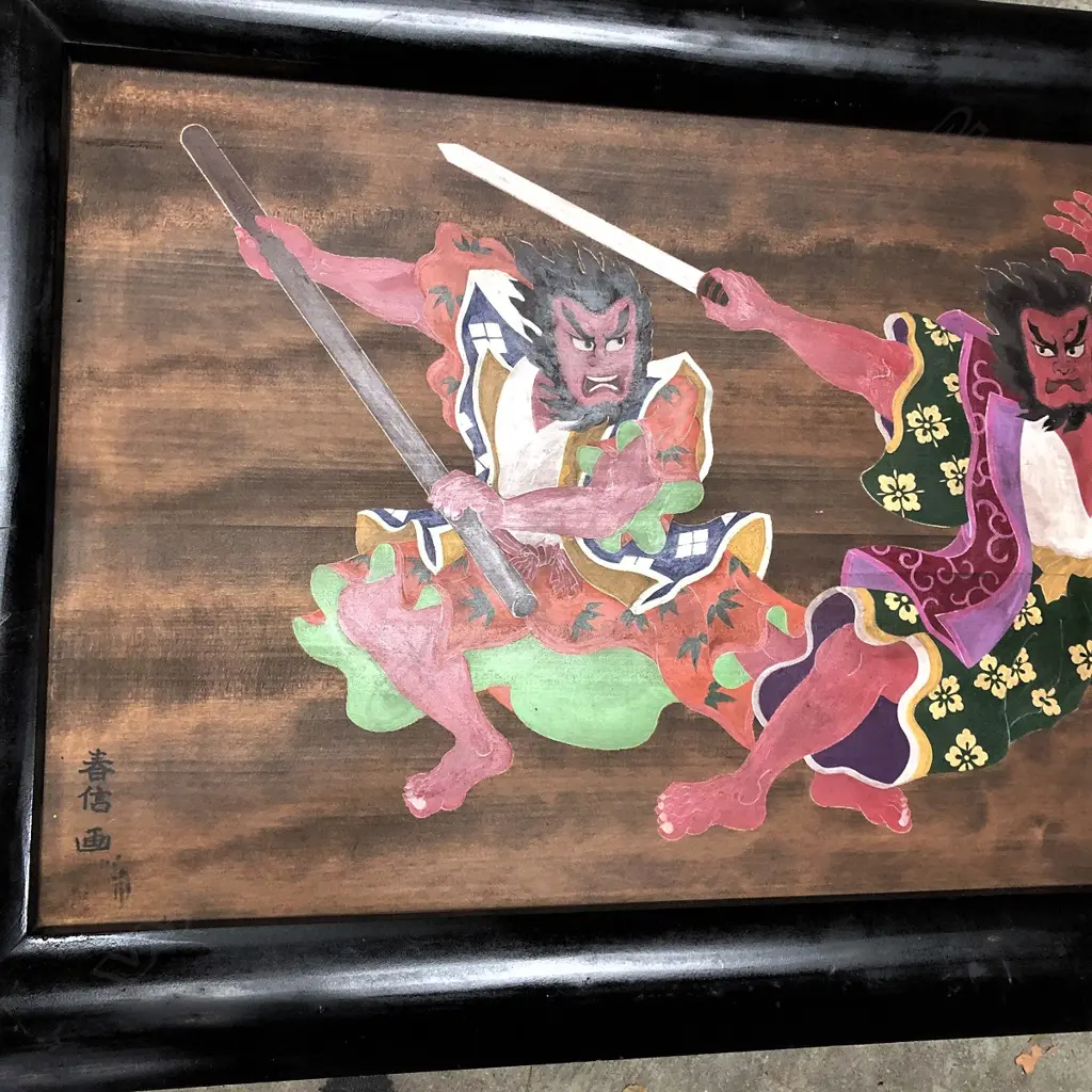 OLD WOODEN PANEL PAINTING TWO DEITIES IN COMBAT  Image 1++