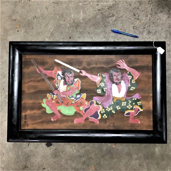 OLD WOODEN PANEL PAINTING TWO DEITIES IN COMBAT 
