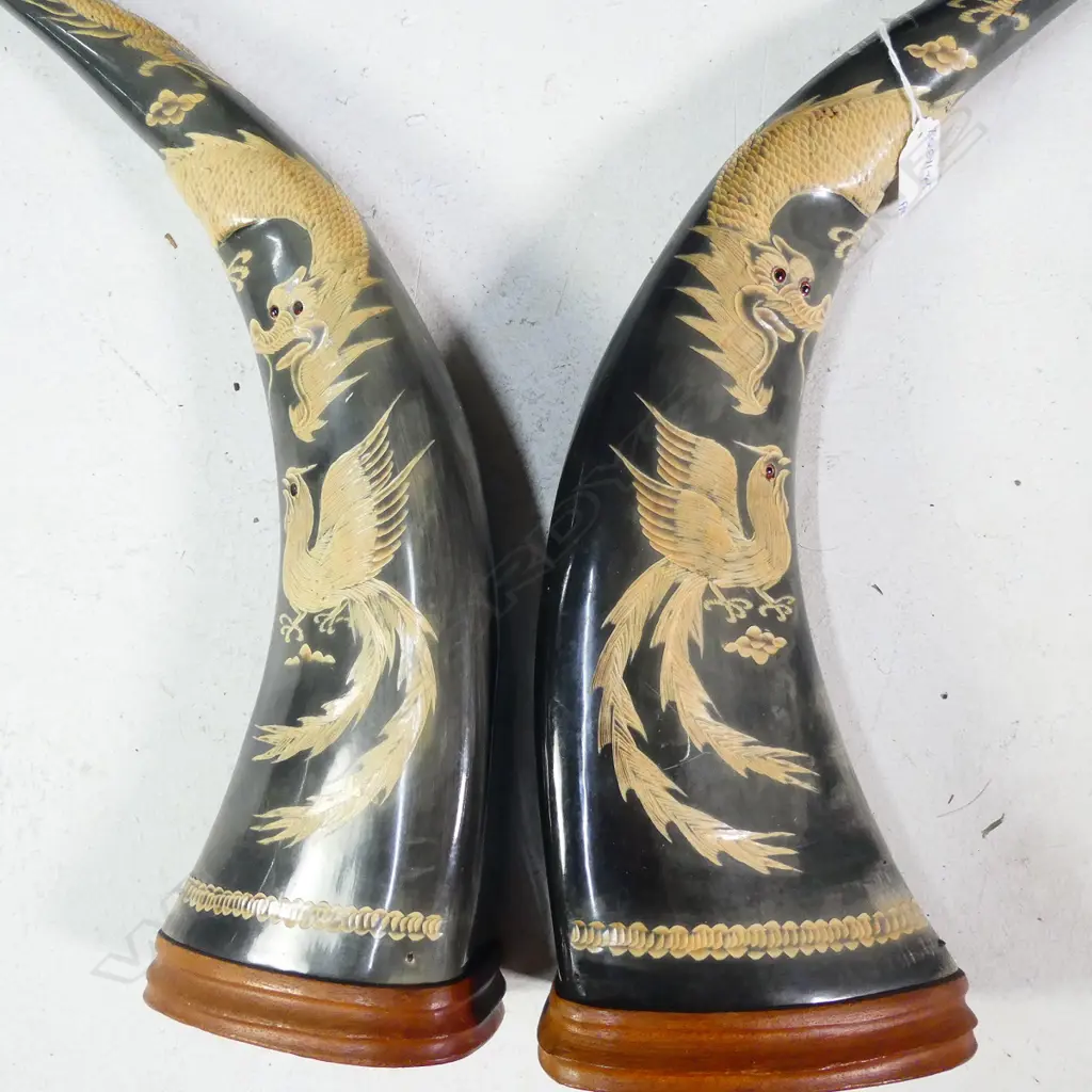 PR CARVED OX HORNS TIGERS, DRAGONS ETC H. 445MM Image 1++