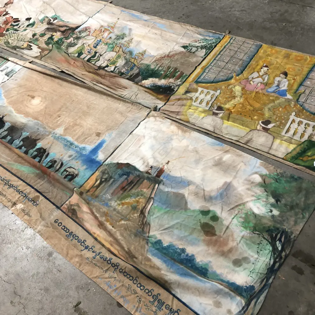 2 BURMESE BUDDHIST BANNERS WIDTH 4 MM X HEIGHT 0.8 MM HAND PAINTED  Image 1++