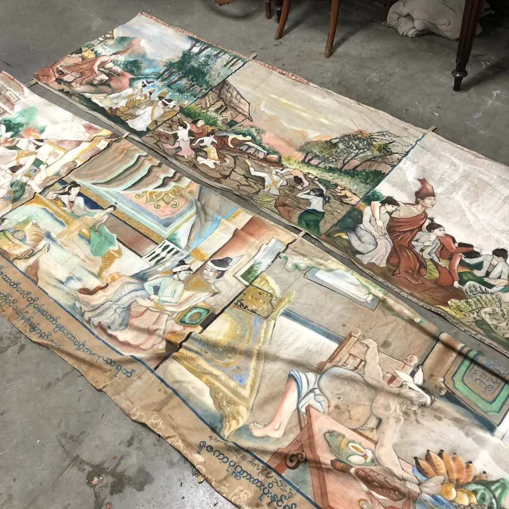 2 BURMESE BUDDHIST BANNERS WIDTH 4 MM X HEIGHT 0.8 MM HAND PAINTED  Image 1++