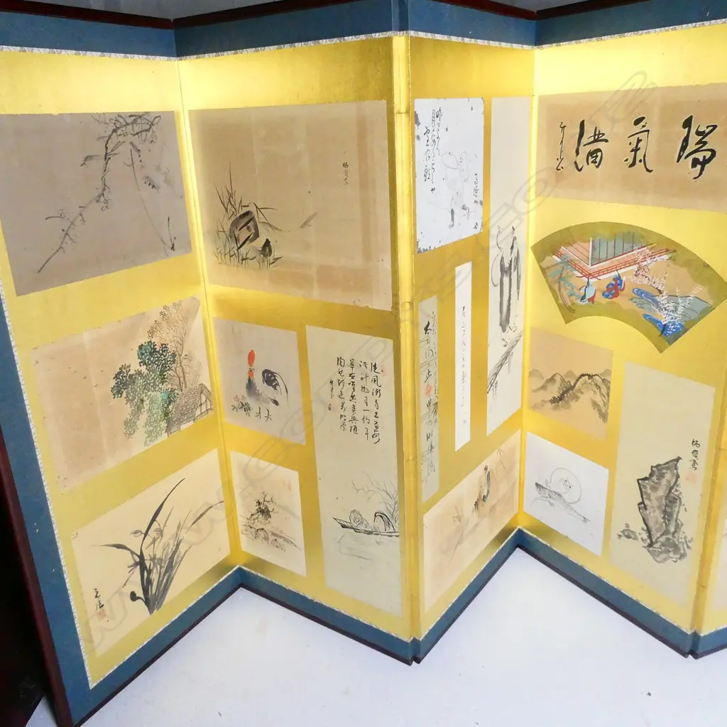 6 PANEL SCREEN ON GOLD LEAF EARLY 1900S FEATURING HAIKU AND COURT SCENES Image 1++