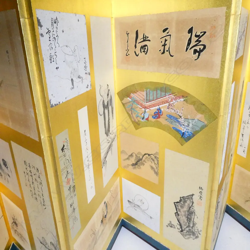 6 PANEL SCREEN ON GOLD LEAF EARLY 1900S FEATURING HAIKU AND COURT SCENES Image 1++