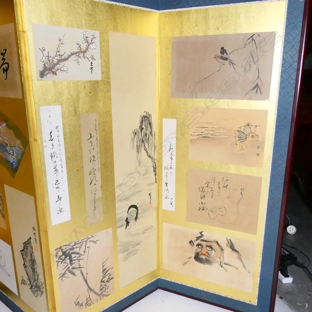 6 PANEL SCREEN ON GOLD LEAF EARLY 1900S FEATURING HAIKU AND COURT SCENES Image 1++