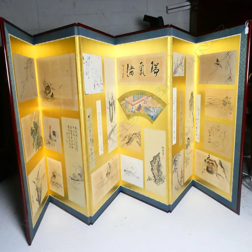 6 PANEL SCREEN ON GOLD LEAF EARLY 1900S FEATURING HAIKU AND COURT SCENES Image 1++