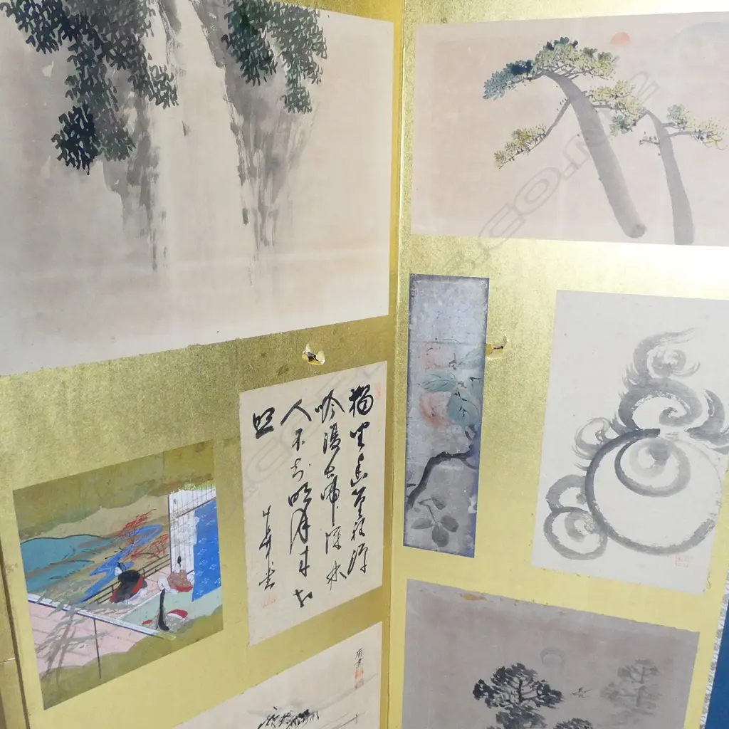 6 PANEL SCREEN ON GOLD LEAF EARLY 1900S FEATURING HAIKU AND COURT SCENES Image 1++