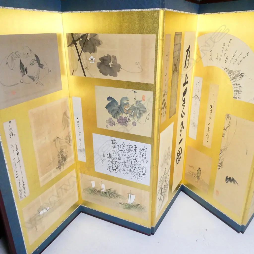 6 PANEL SCREEN ON GOLD LEAF EARLY 1900S FEATURING HAIKU AND COURT SCENES Image 1++