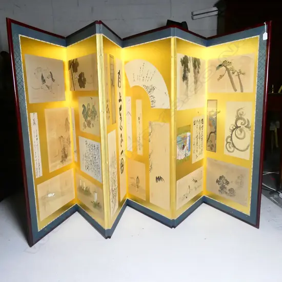 6 PANEL SCREEN ON GOLD LEAF EARLY 1900S FEATURING HAIKU AND COURT SCENES