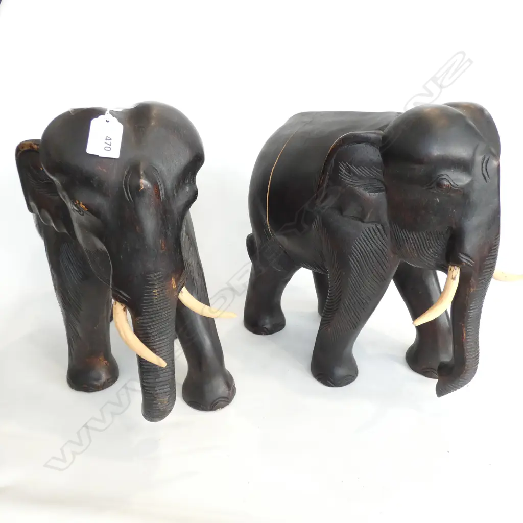 PAIR CARVED ELEPHANT H 330MM CRACK TO REAR LEG OF ONE  Image 1++